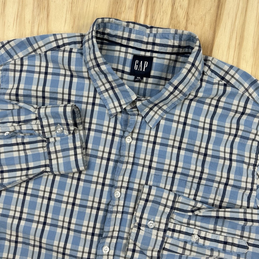 Gap‎ Men's 2XL Blue Plaid Fitted Button Shirt Long Sleeve Casual Preppy